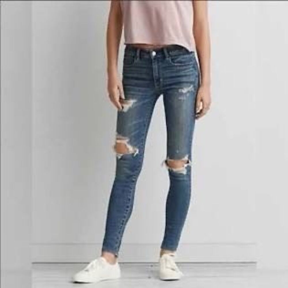 American Eagle Super Stretch Distressed Jegging Mid-Rise Blue 2‎ Short